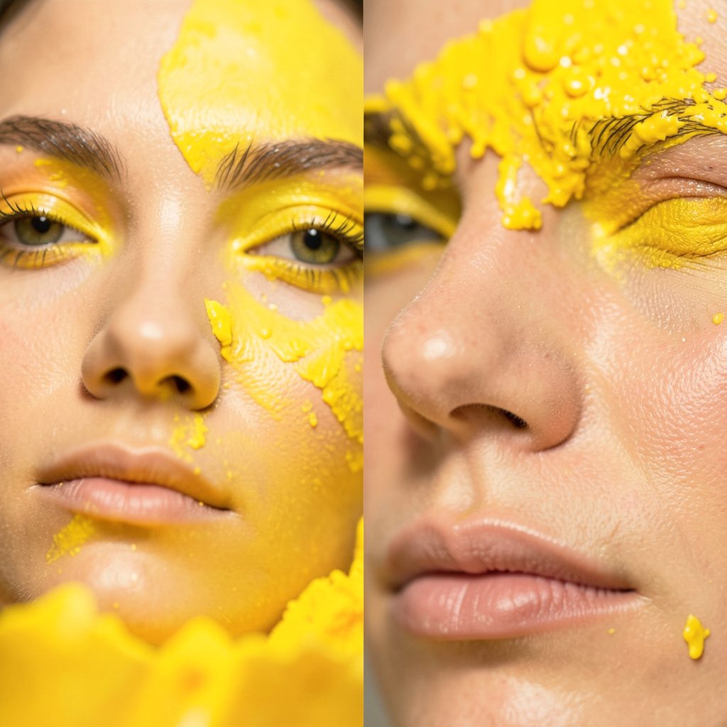 Rostro partido por la mitad mostrando un antes y después de maquillaje, contraste marcado de tonos piel