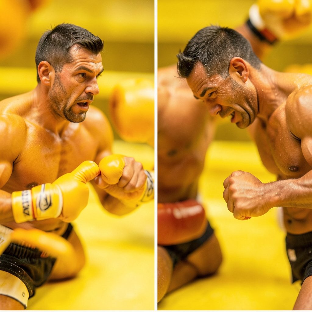 Primer plano del rostro de un boxeador tras un combate, con moretones y cortes visibles en la piel, tonos oscuros y atmósfera cruda