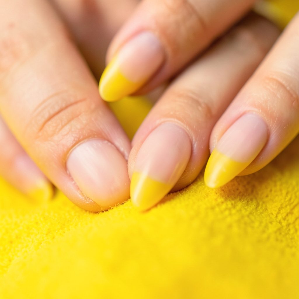 Mano con uñas extremadamente largas y curvadas, récord mundial, sobre fondo neutro claro