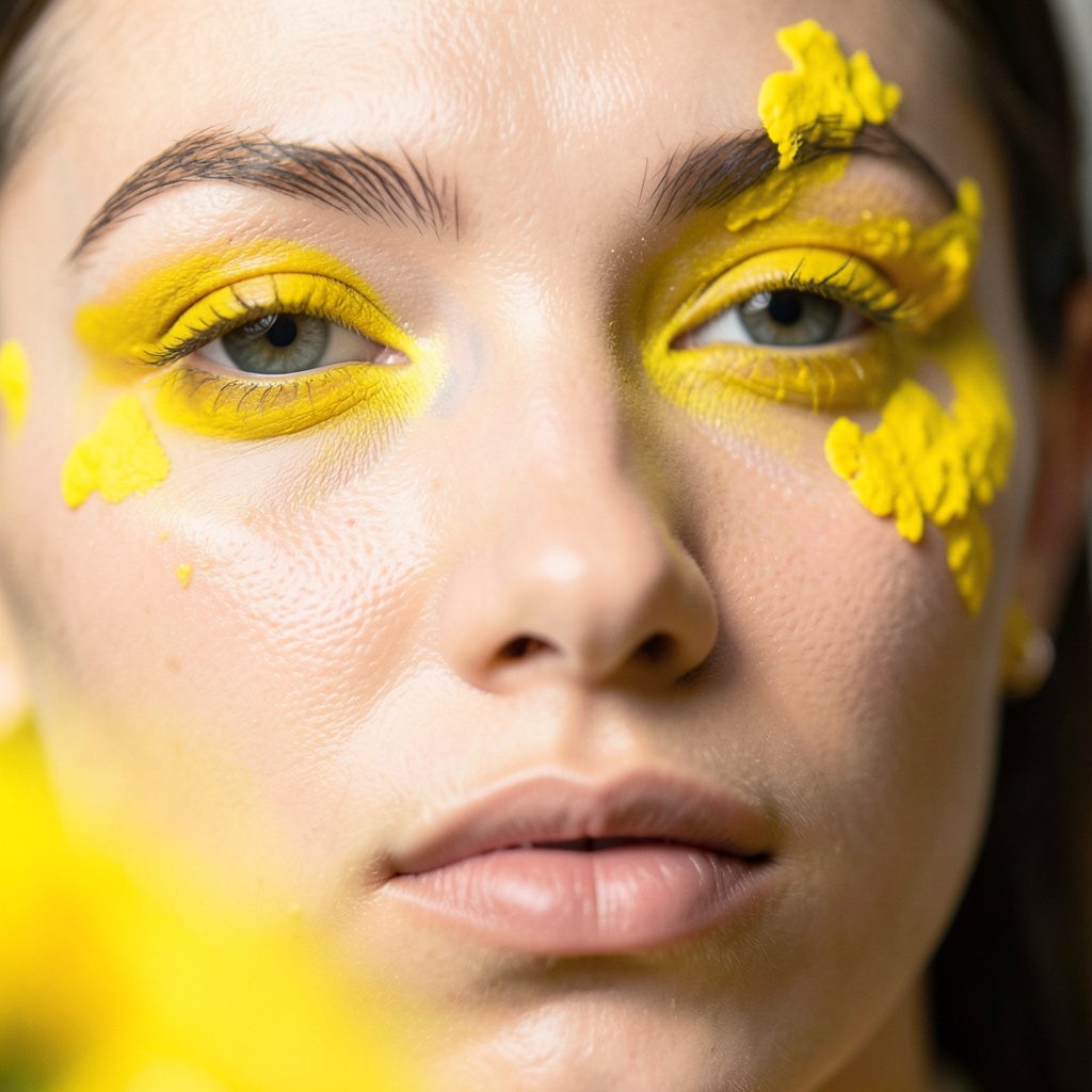 Rostro femenino con maquillaje artístico que transforma la piel en un paisaje de colores tierra y dorados.