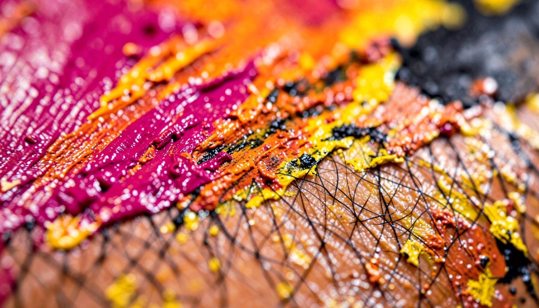 Fotografía en primer plano extremo de pintura acrílica sobre piel, mostrando la textura de pinceladas densas en tonos vibrantes —magenta, naranja, dorado y negro— con el vello corporal apenas visible bajo las capas de pigmento.