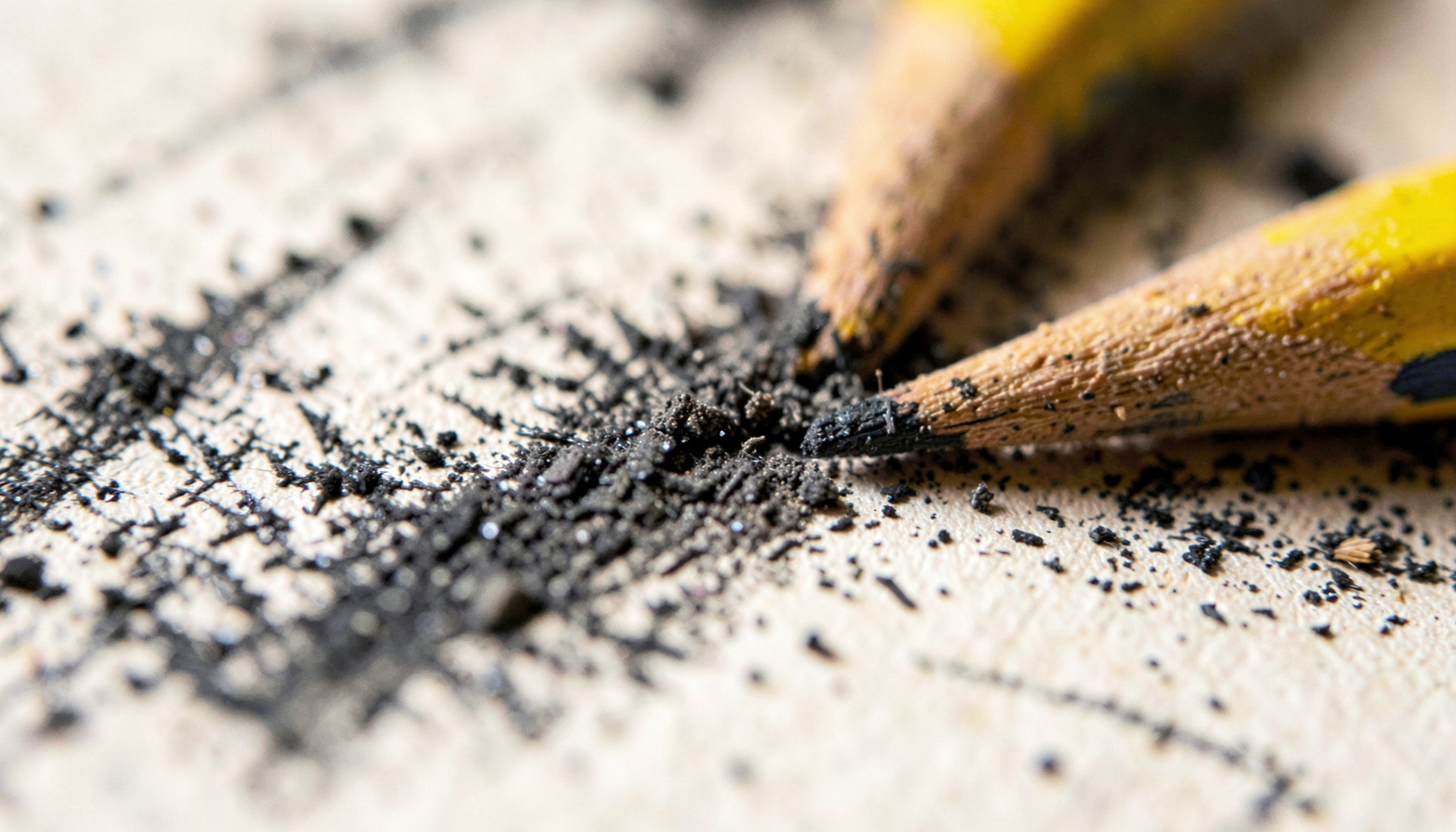 Fotografía en primer plano extremo de la textura rugosa de un lápiz de grafito sobre papel, con virutas de madera y polvo de grafito esparcidos formando patrones abstractos, tonos grises, negros y beige cálido.